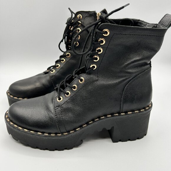 Vince Camuto Boots 8M Black Leather Mecale Lug Sole Combat Boots Lace Up - Picture 1 of 13